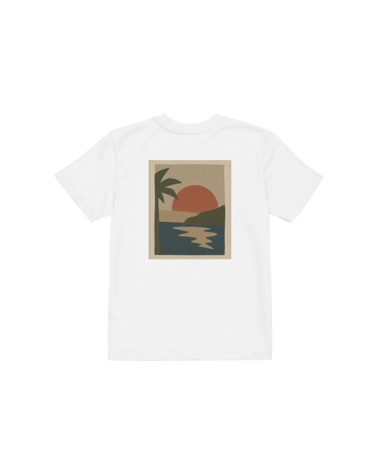 Miragem Organic Kids T-shirt in white with hand-drawn sunset illustration front and back print