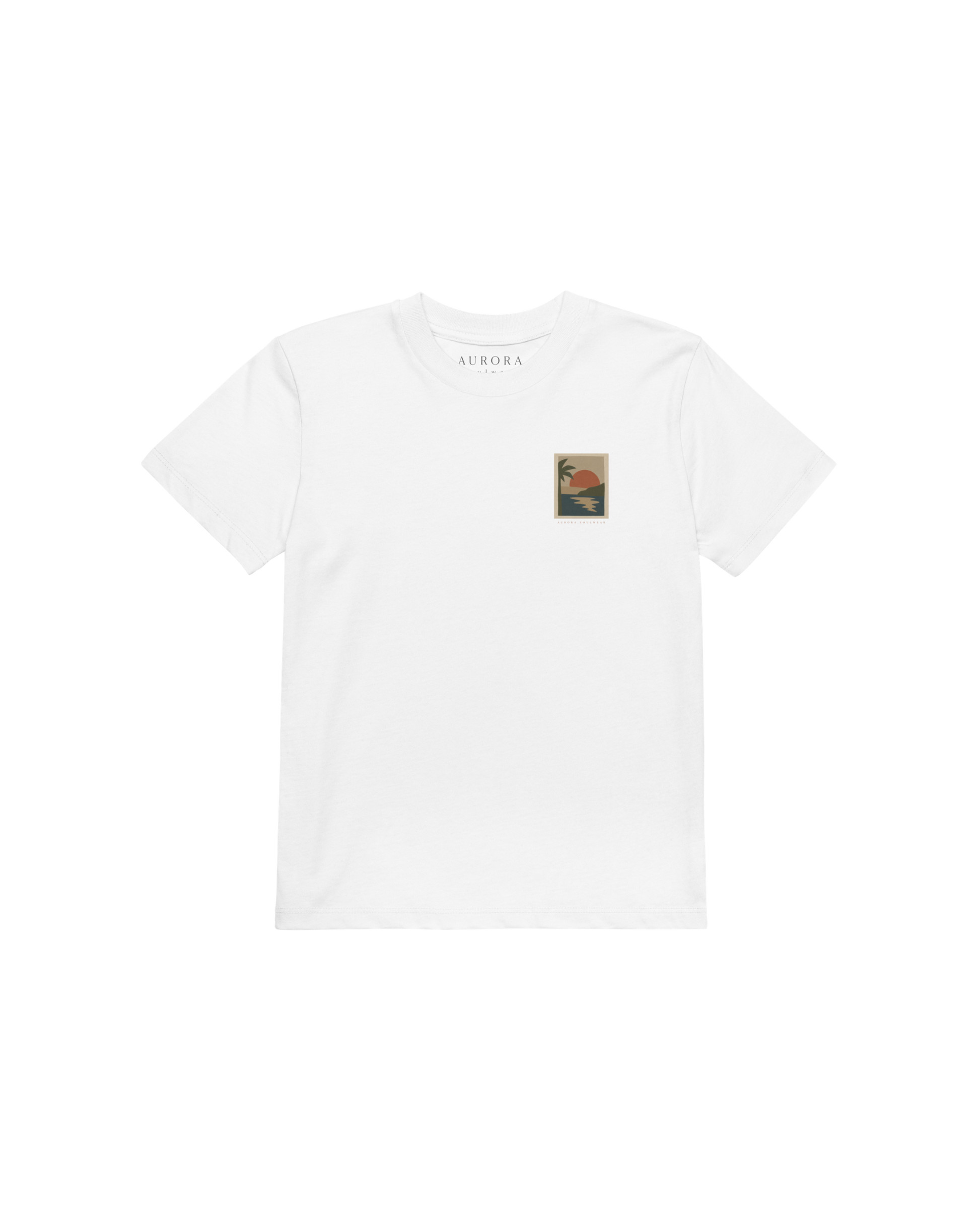 Miragem Organic Kids T-shirt in white with hand-drawn sunset illustration front and back print