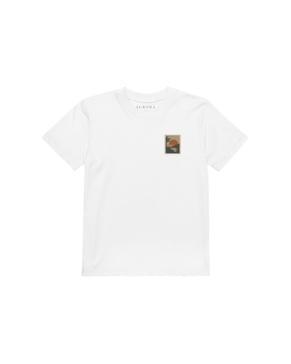 Miragem Organic Kids T-shirt in white with hand-drawn sunset illustration front and back print