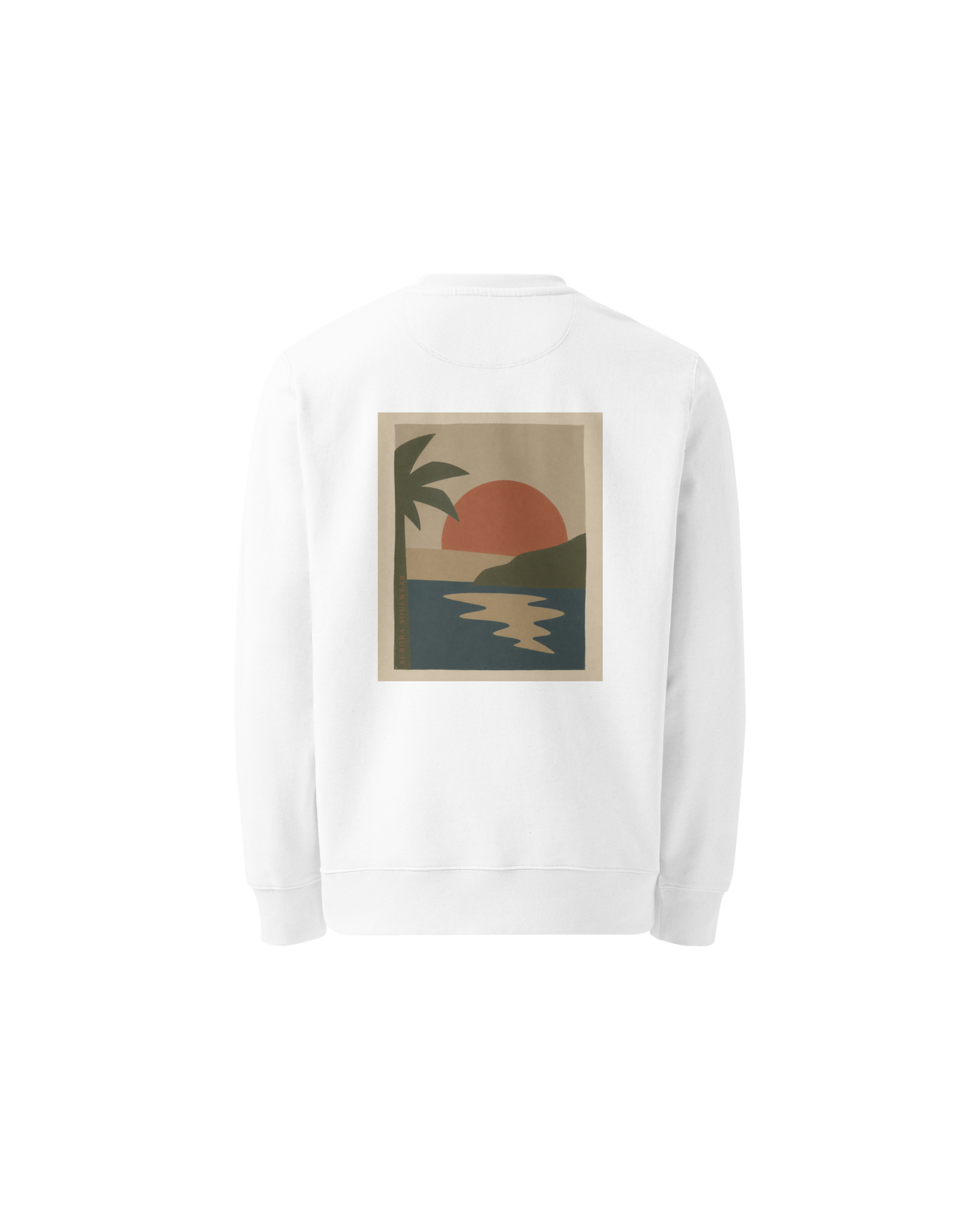Miragem Organic Sweater in white with hand-drawn sunset illustration front and back print