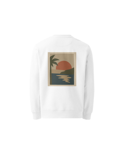 Miragem Organic Sweater in white with hand-drawn sunset illustration front and back print