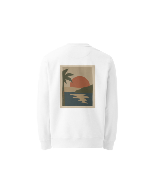 Miragem Organic Sweater in white with hand-drawn sunset illustration front and back print