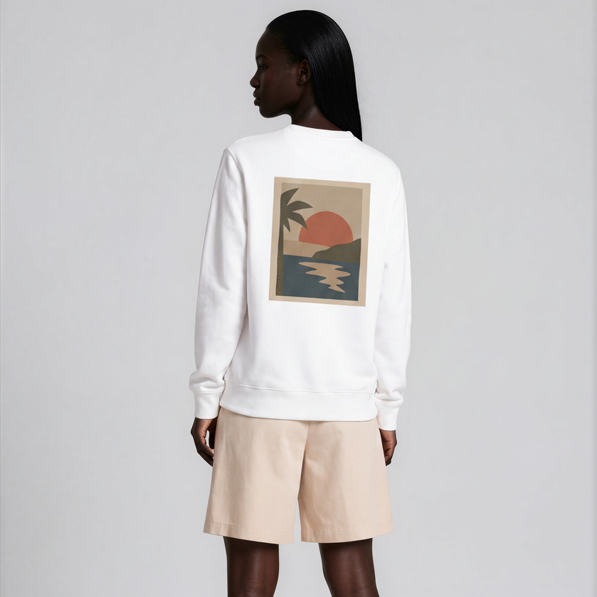 Miragem Organic Sweater in white with hand-drawn sunset illustration front and back print