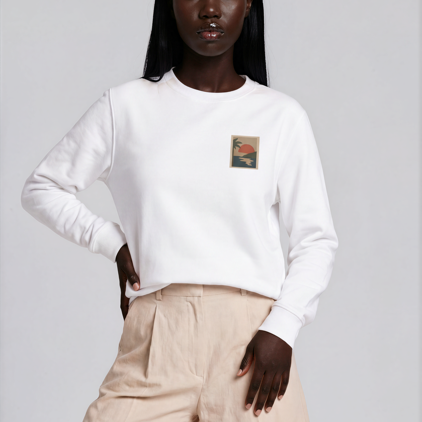 Miragem Organic Sweater in white with hand-drawn sunset illustration front and back print