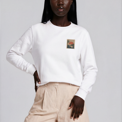 Miragem Organic Sweater in white with hand-drawn sunset illustration front and back print