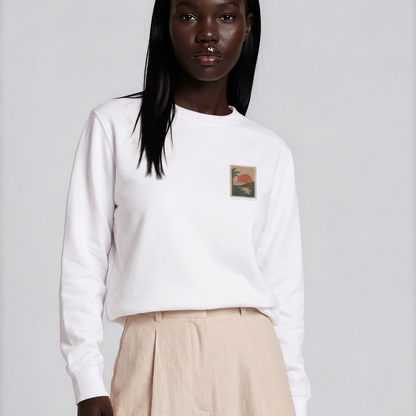 Miragem Organic Sweater in white with hand-drawn sunset illustration front and back print