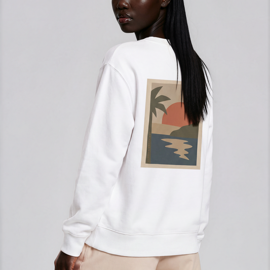 Miragem Organic Sweater in white with hand-drawn sunset illustration front and back print