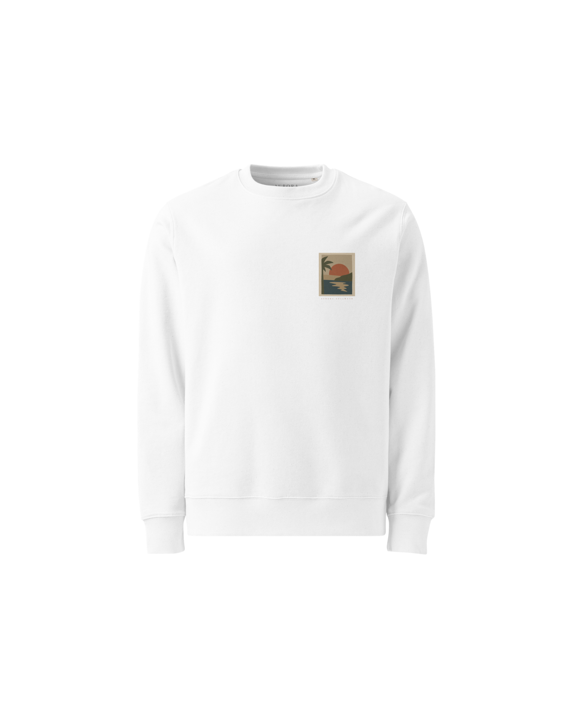 Miragem Organic Sweater in white with hand-drawn sunset illustration front and back print