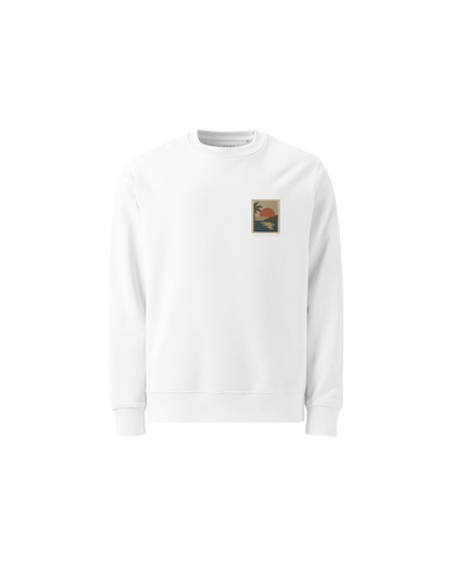 Miragem Organic Sweater in white with hand-drawn sunset illustration front and back print