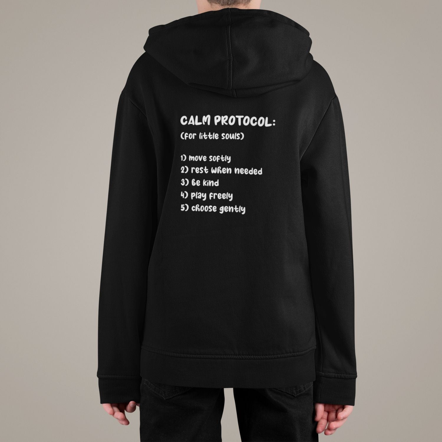 Protocol Blend Kids Hoodie in black with Calm Protocol back print