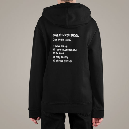 Protocol Blend Kids Hoodie in black with Calm Protocol back print