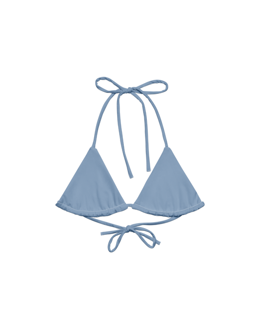 Soft lake-blue recycled triangle bikini top by Aurora Soulwear