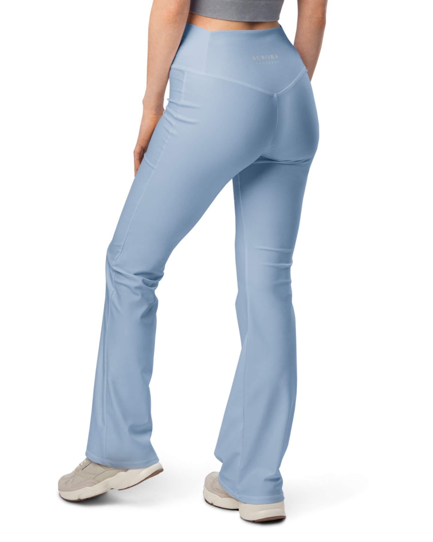 Soft lake-blue recycled flare leggings by Aurora Soulwear