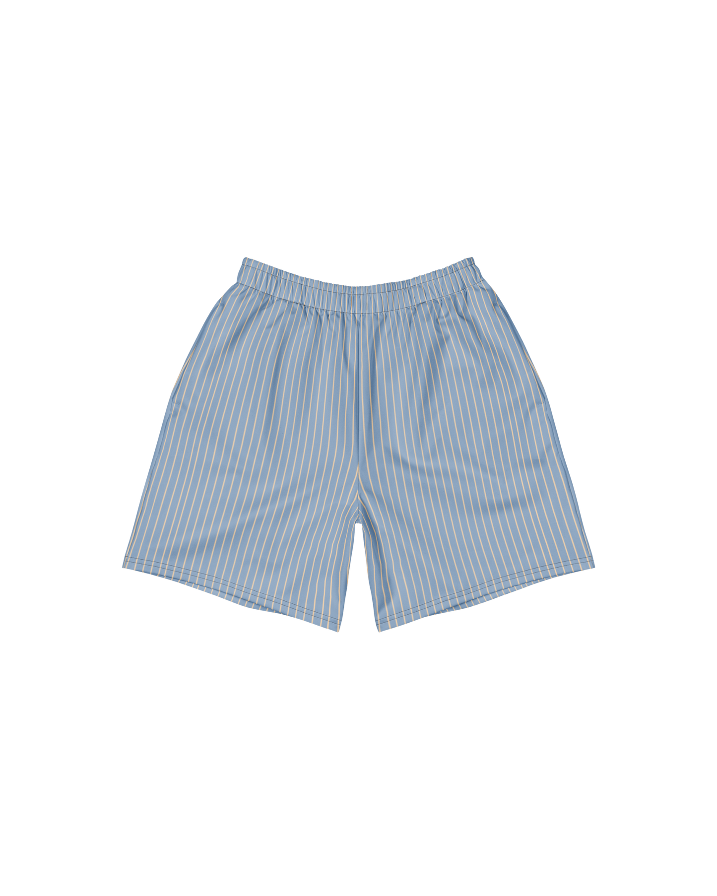 Lake-blue and sand pinstripe recycled long shorts by Aurora Soulwear