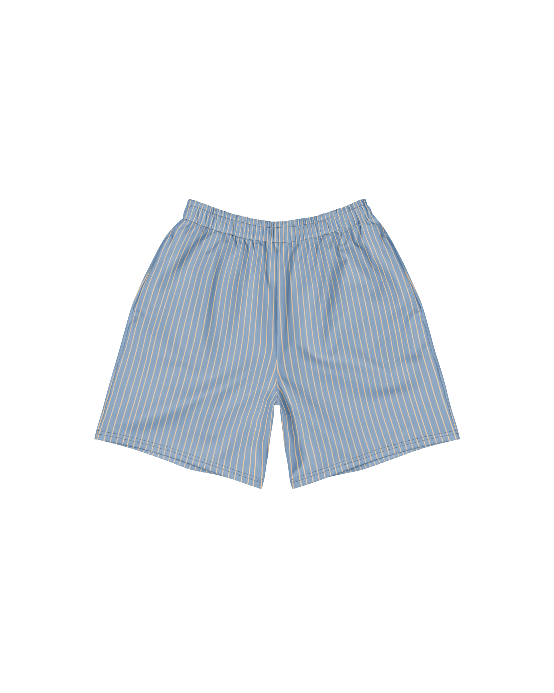 Lake-blue and sand pinstripe recycled long shorts by Aurora Soulwear