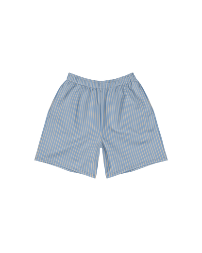 Lake-blue and sand pinstripe recycled long shorts by Aurora Soulwear