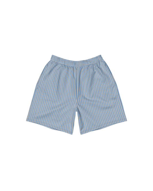 Lake-blue and sand pinstripe recycled long shorts by Aurora Soulwear