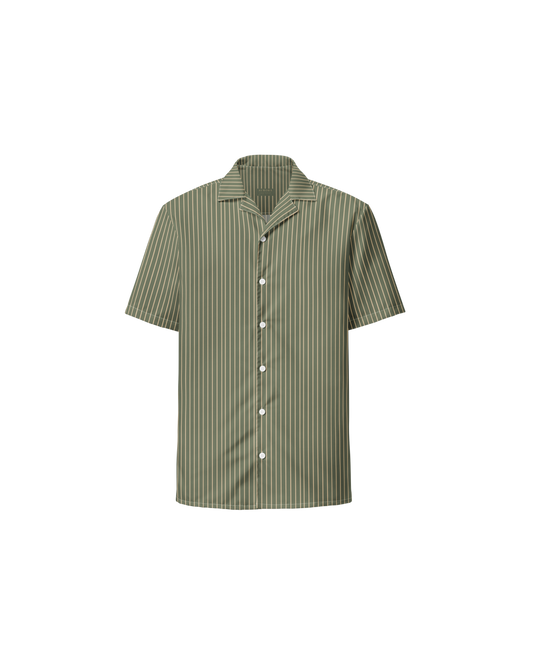 Sálvia Recycled Oversized Button Shirt in sage green with sand stripes