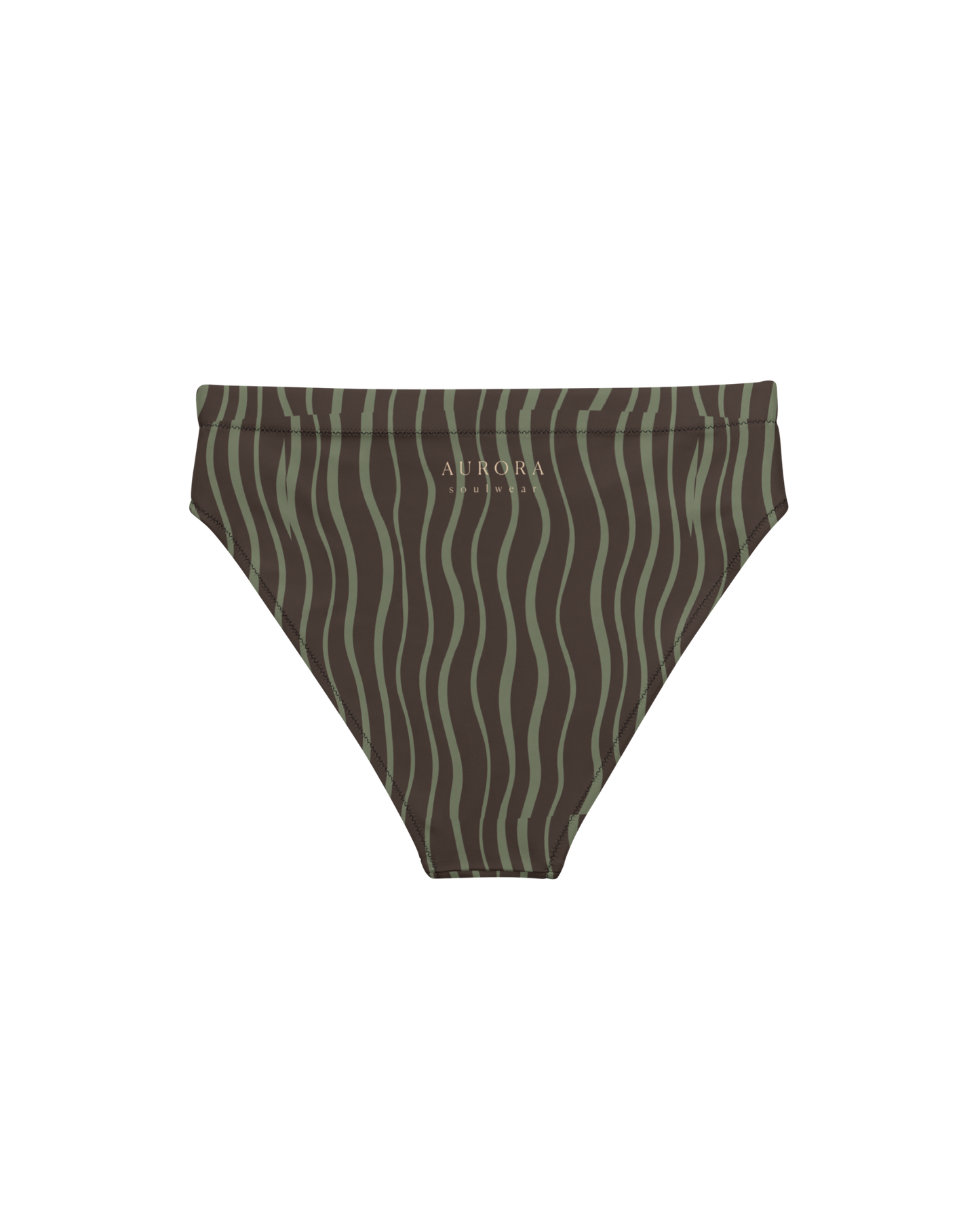 Slow Tide Aura High-Waisted Bikini Bottom in deep brown and sage wave print