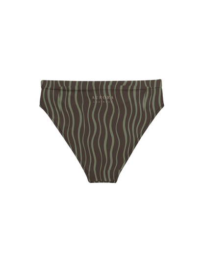 Slow Tide Aura High-Waisted Bikini Bottom in deep brown and sage wave print