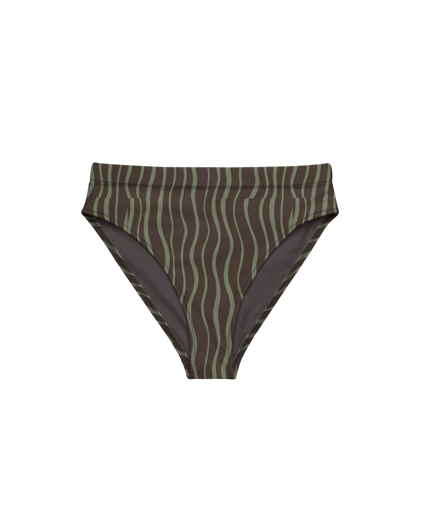 Slow Tide Aura High-Waisted Bikini Bottom in deep brown and sage wave print