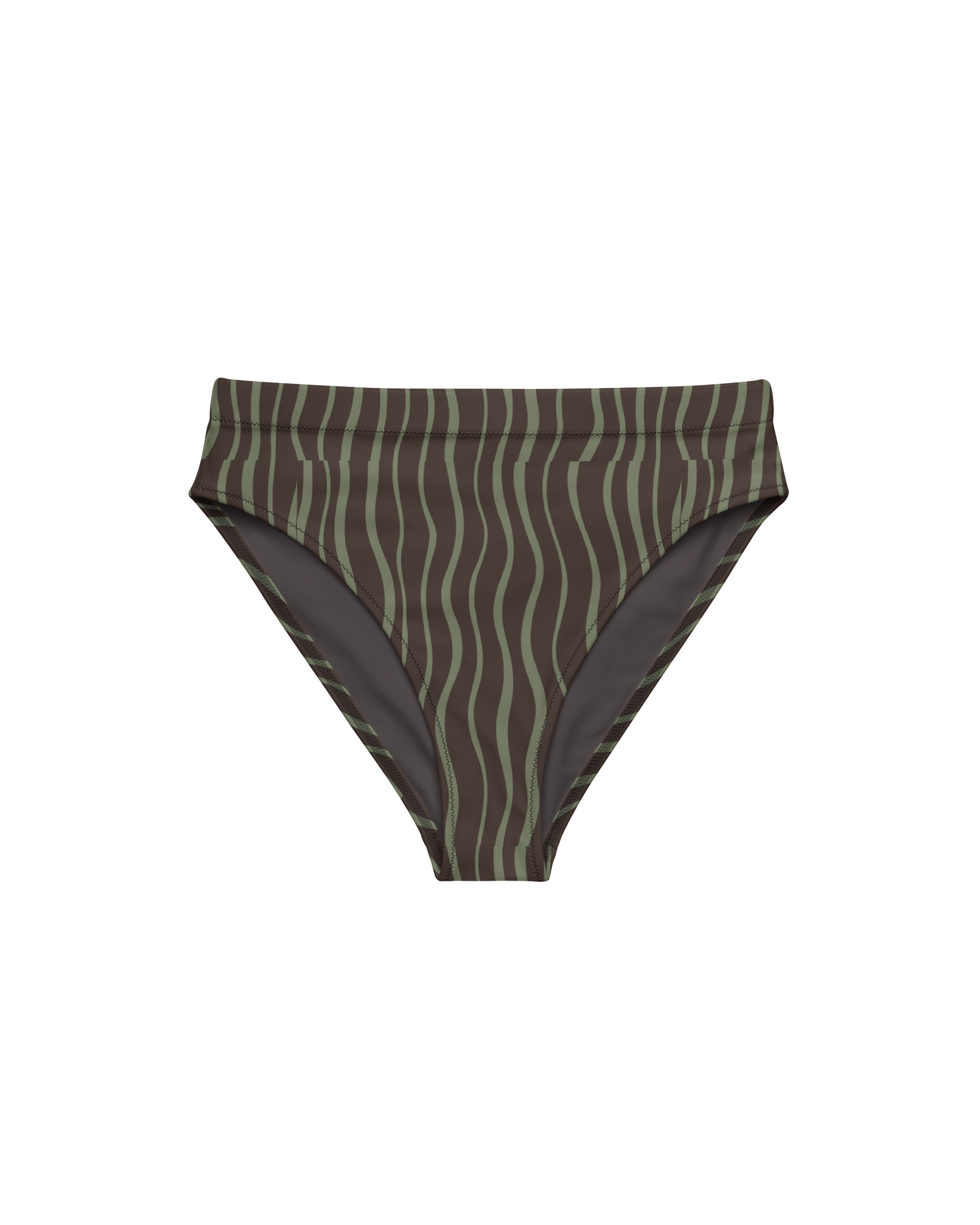 Slow Tide Aura High-Waisted Bikini Bottom in deep brown and sage wave print