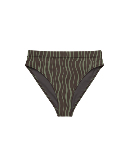 Slow Tide Aura High-Waisted Bikini Bottom in deep brown and sage wave print
