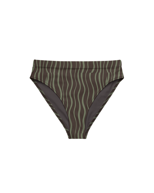 Slow Tide Aura High-Waisted Bikini Bottom in deep brown and sage wave print