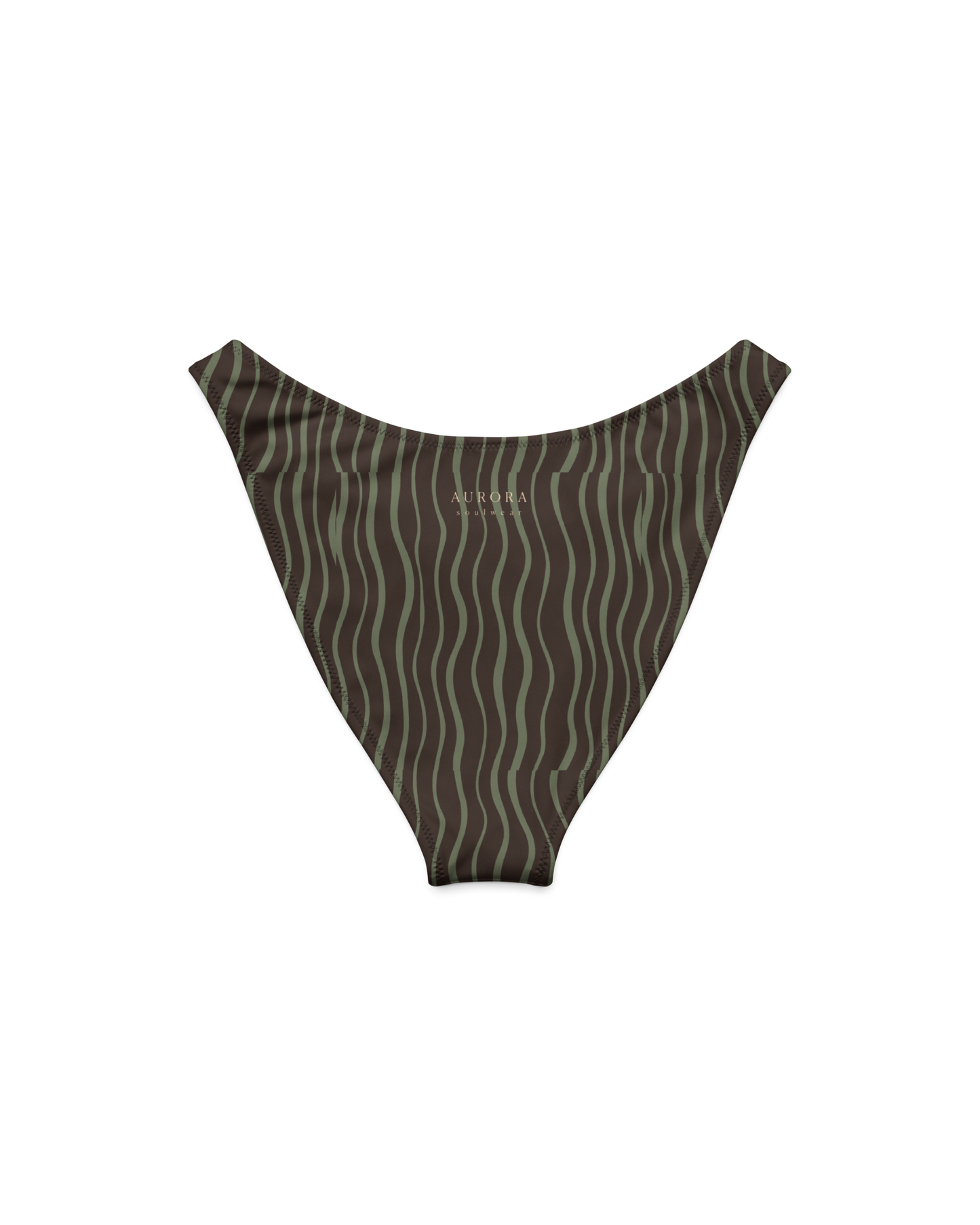 Slow Tide Cove V-Cut High-Leg Bikini Bottom in deep brown and sage wave print