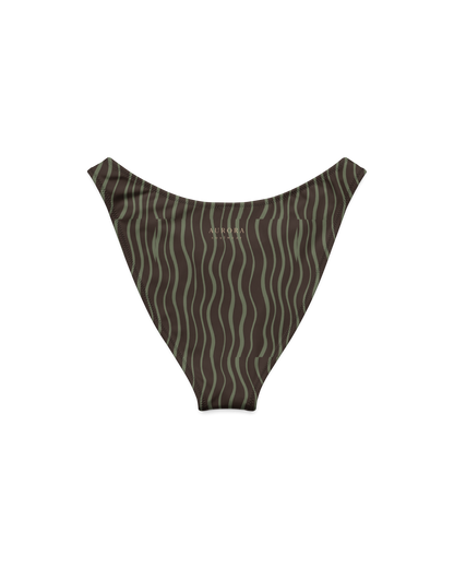 Slow Tide Cove V-Cut High-Leg Bikini Bottom in deep brown and sage wave print