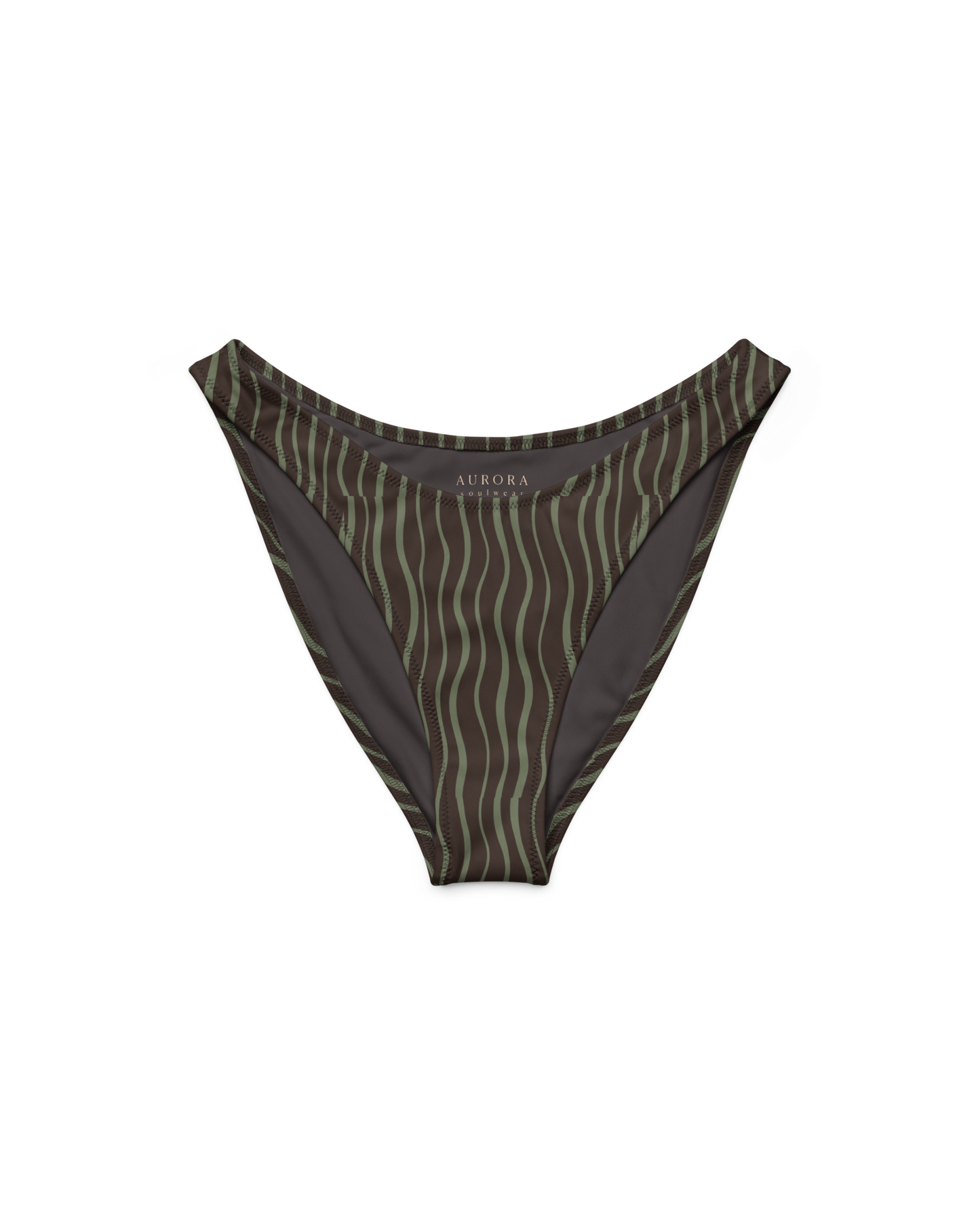 Slow Tide Cove V-Cut High-Leg Bikini Bottom in deep brown and sage wave print
