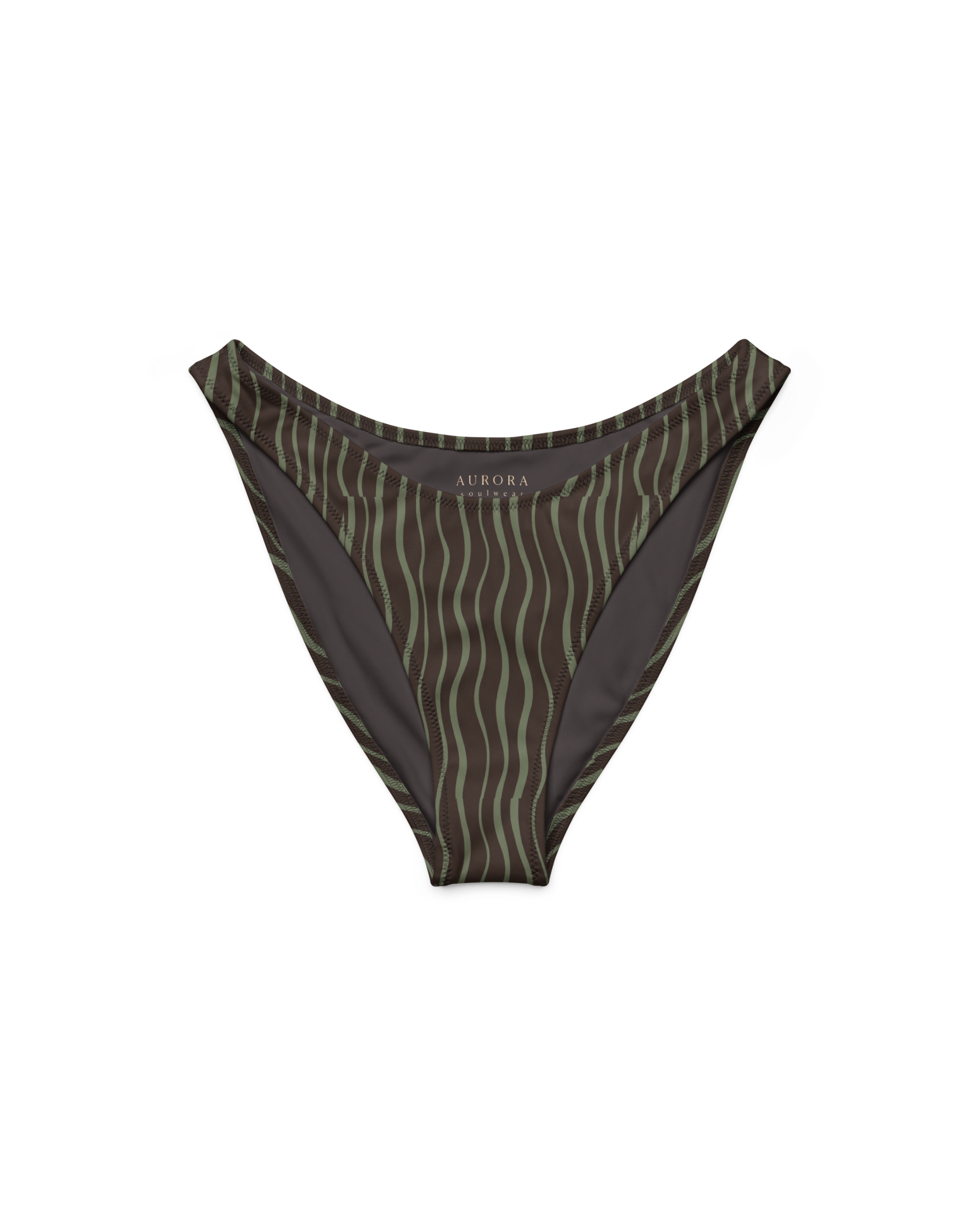 Slow Tide Cove V-Cut High-Leg Bikini Bottom in deep brown and sage wave print