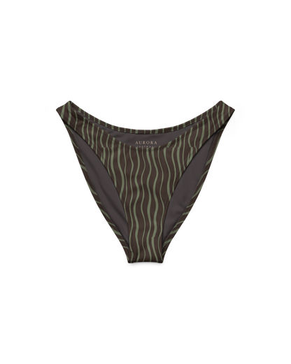 Slow Tide Cove V-Cut High-Leg Bikini Bottom in deep brown and sage wave print