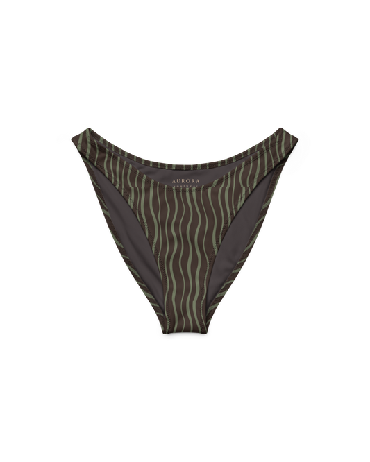 Slow Tide Cove V-Cut High-Leg Bikini Bottom in deep brown and sage wave print