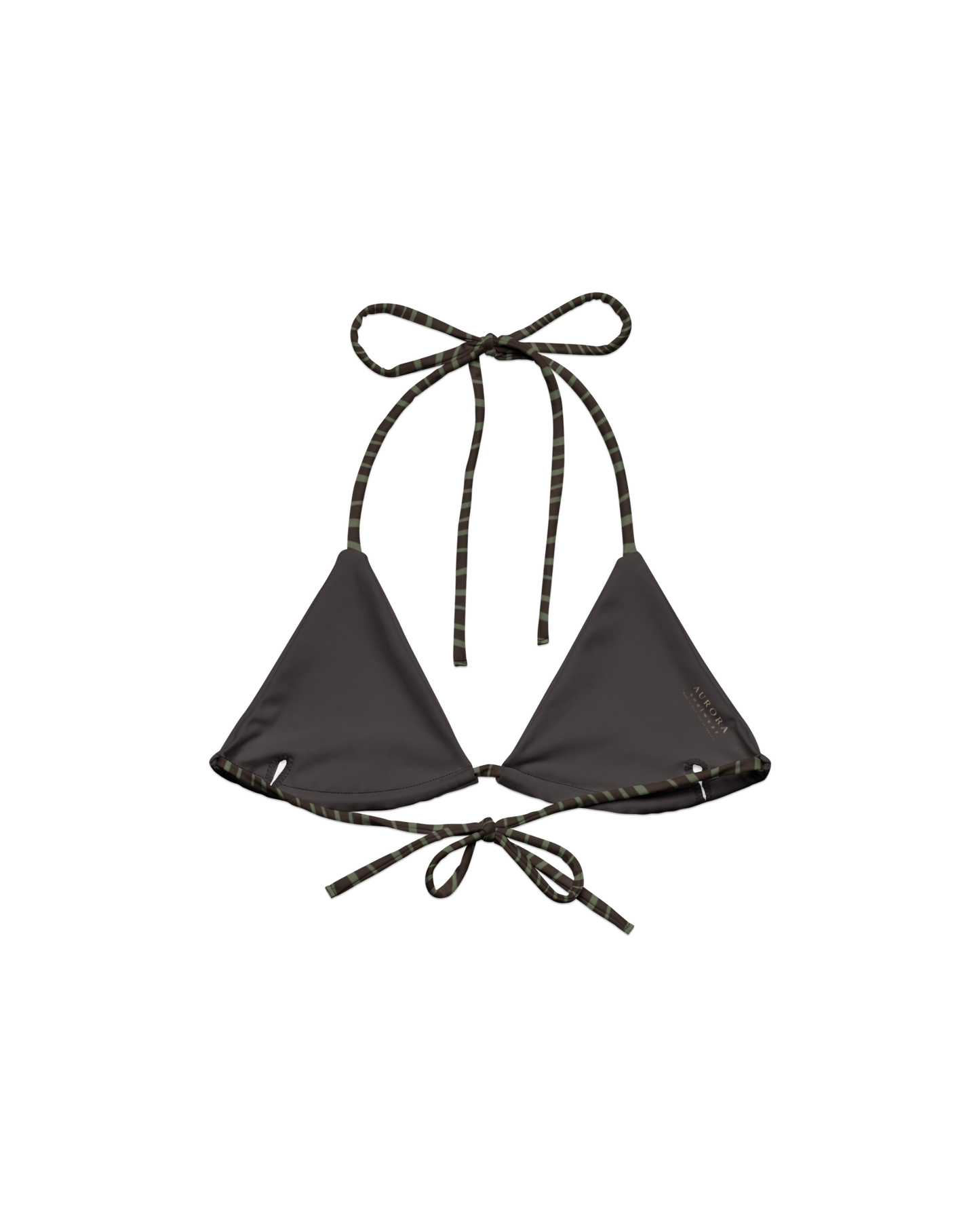 Slow Tide Lua Padded String Bikini Top in deep brown and sage wave print