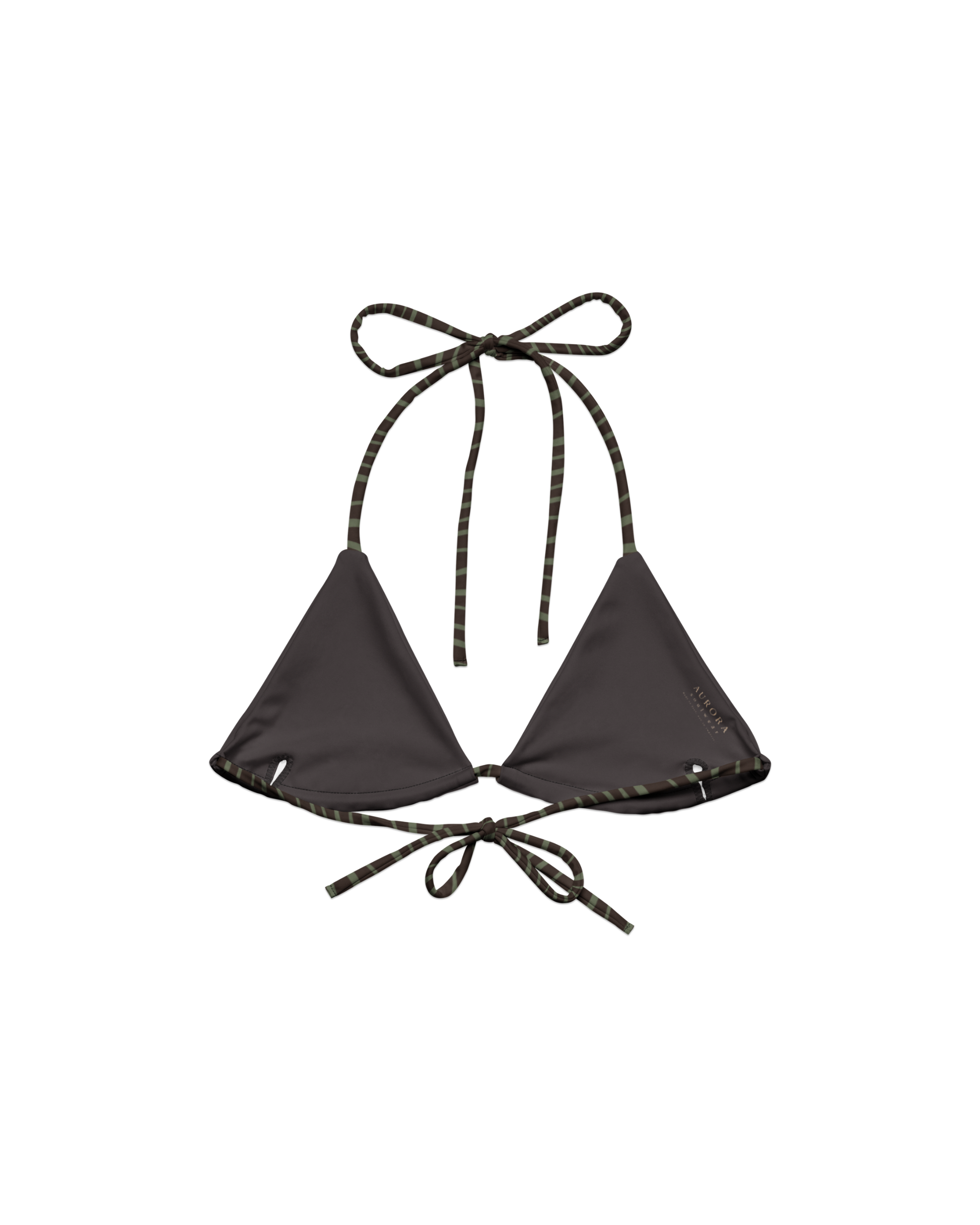 Slow Tide Lua Padded String Bikini Top in deep brown and sage wave print