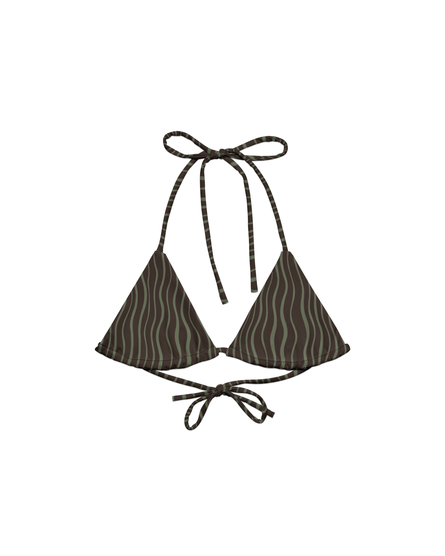Slow Tide Lua Padded String Bikini Top in deep brown and sage wave print