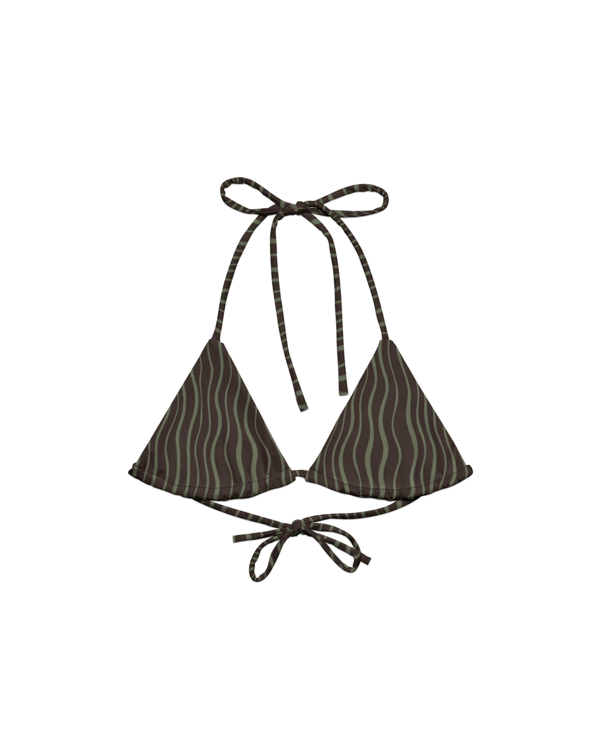 Slow Tide Lua Padded String Bikini Top in deep brown and sage wave print