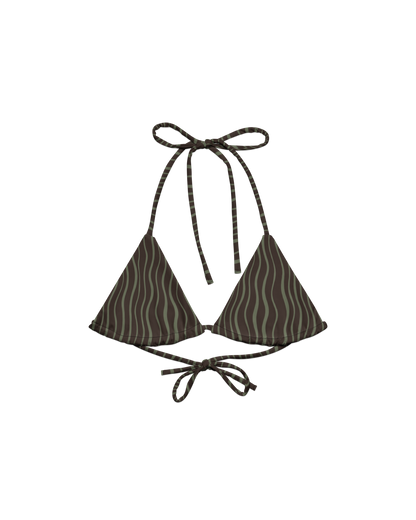 Slow Tide Lua Padded String Bikini Top in deep brown and sage wave print