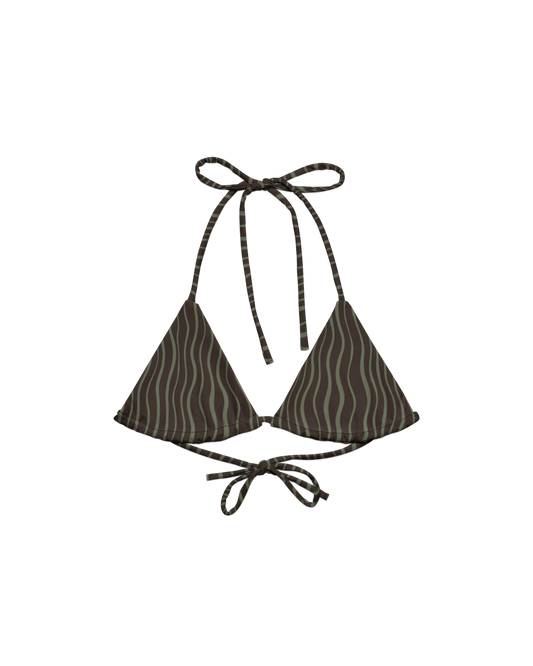 Slow Tide Lua Padded String Bikini Top in deep brown and sage wave print