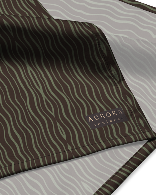 Slow Tide Recycled Bandana in deep brown and sage wave print