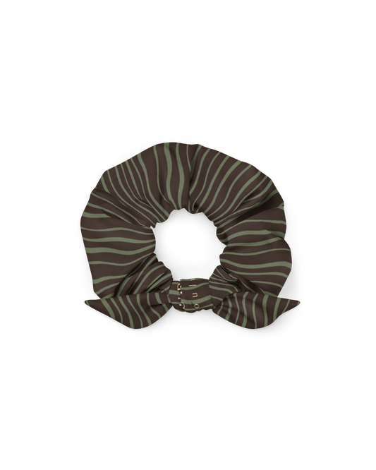 Slow Tide Recycled Scrunchie in deep brown and sage wave print