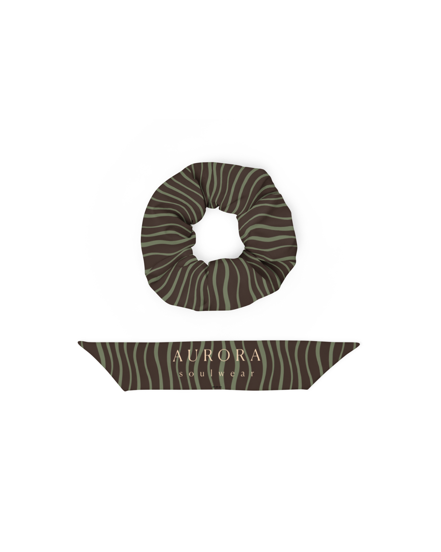 Slow Tide Recycled Scrunchie in deep brown and sage wave print