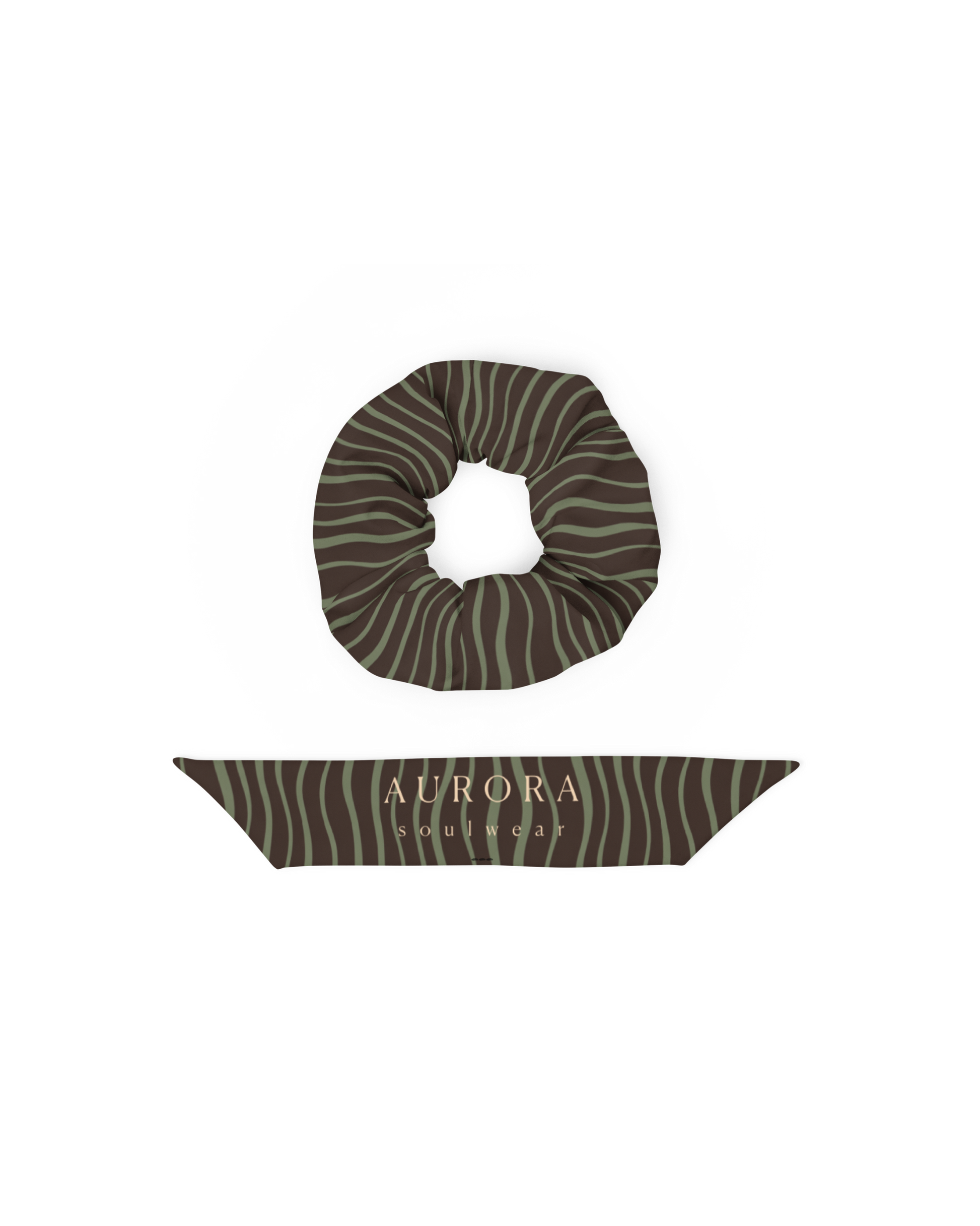 Slow Tide Recycled Scrunchie in deep brown and sage wave print