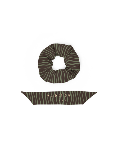 Slow Tide Recycled Scrunchie in deep brown and sage wave print
