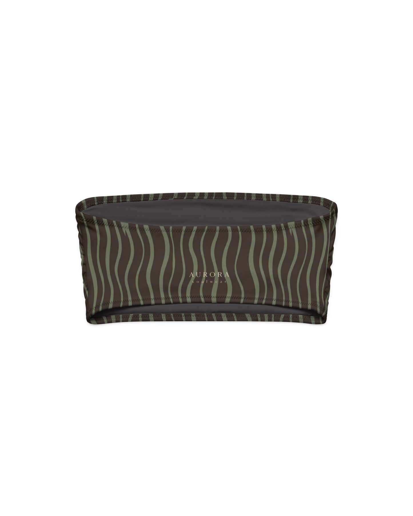 Slow Tide Riviera Recycled Bandeau Bikini Top in deep brown and sage wave print
