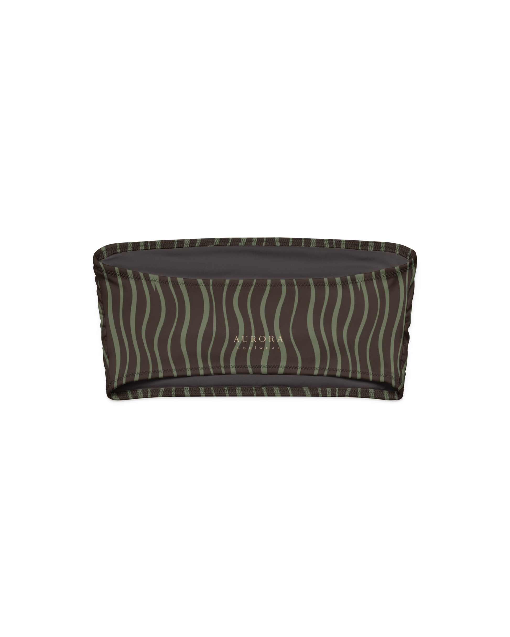 Slow Tide Riviera Recycled Bandeau Bikini Top in deep brown and sage wave print