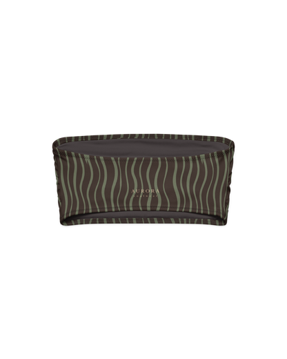 Slow Tide Riviera Recycled Bandeau Bikini Top in deep brown and sage wave print