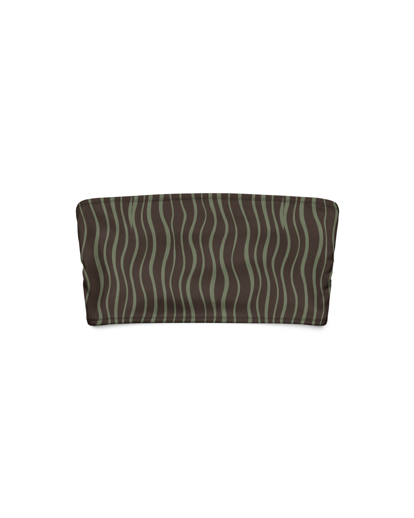 Slow Tide Riviera Recycled Bandeau Bikini Top in deep brown and sage wave print