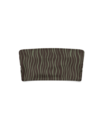 Slow Tide Riviera Recycled Bandeau Bikini Top in deep brown and sage wave print